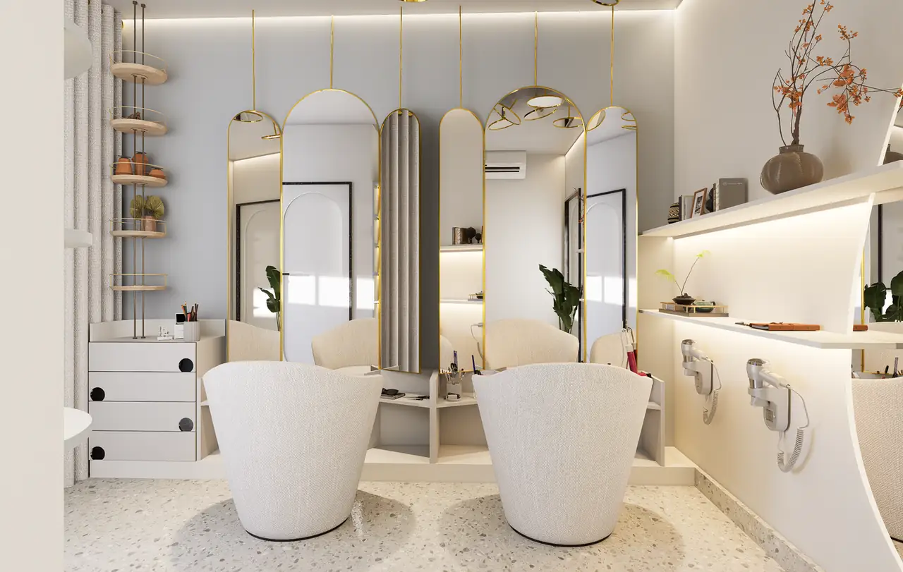 Elegantna notranjost salona Pearlglint Atelier